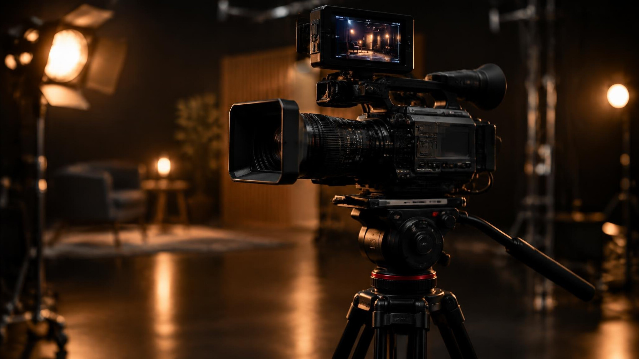 Professional video camera on a tripod in a studio with lights