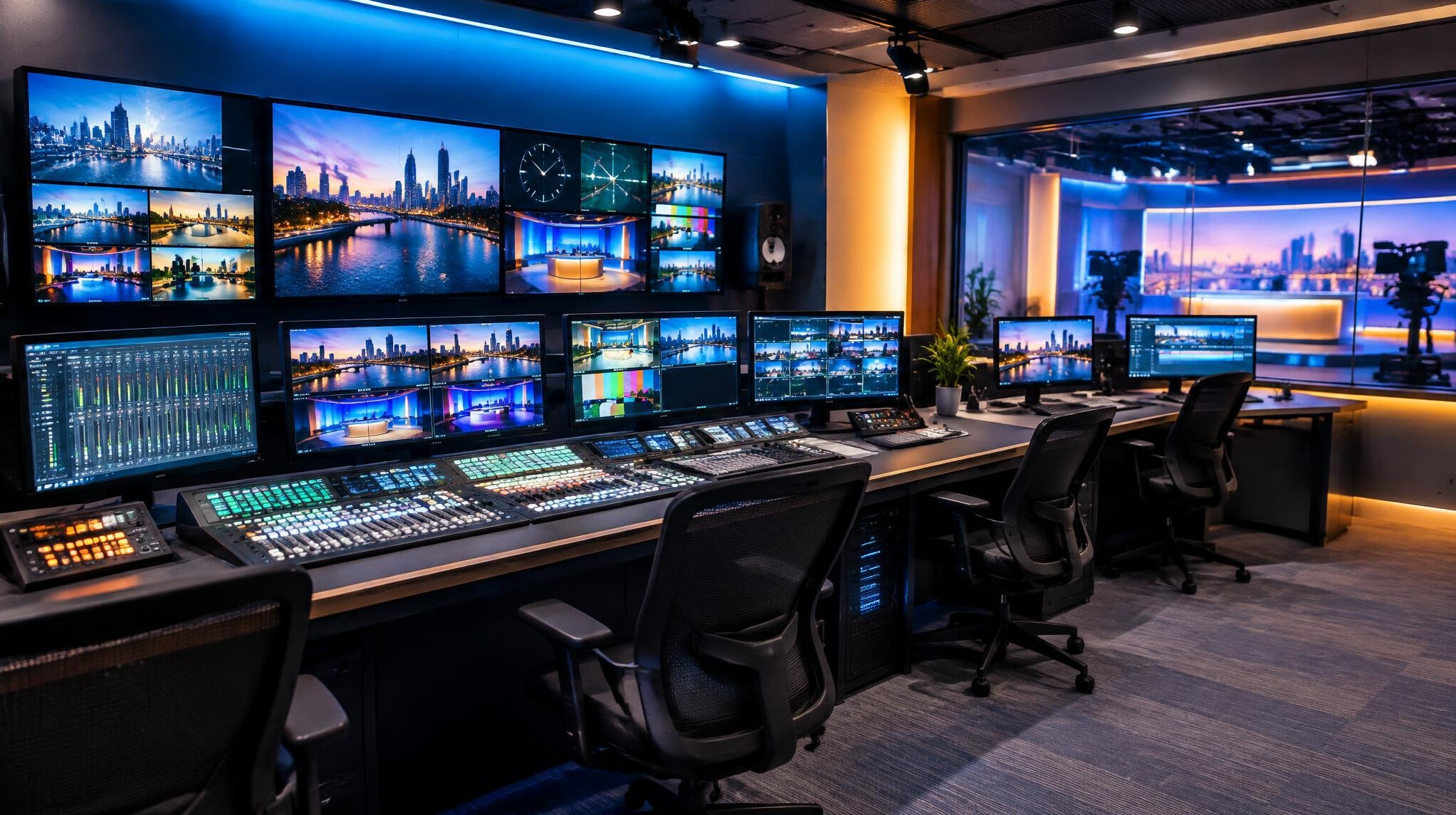 Empty television studio control room with monitors and mixing desk
