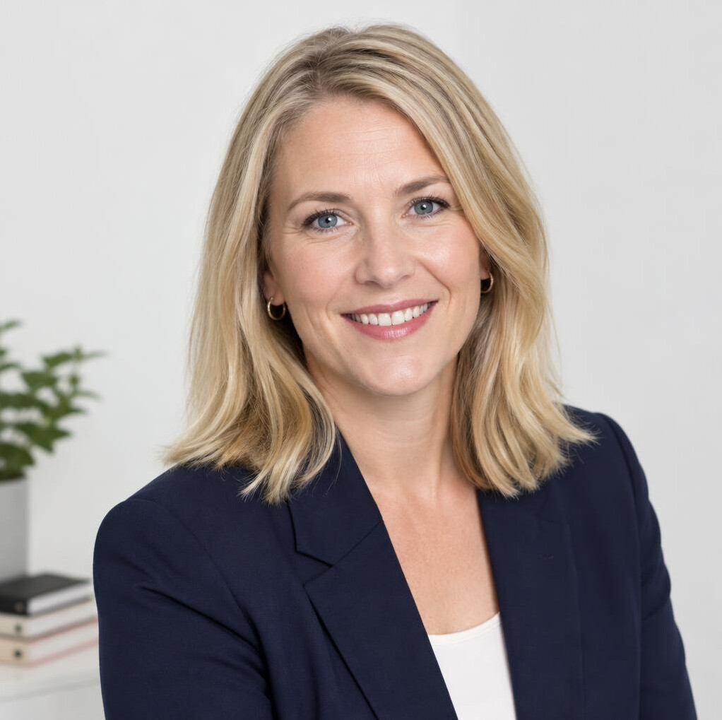 Portrait of a smiling Swedish woman in a blazer